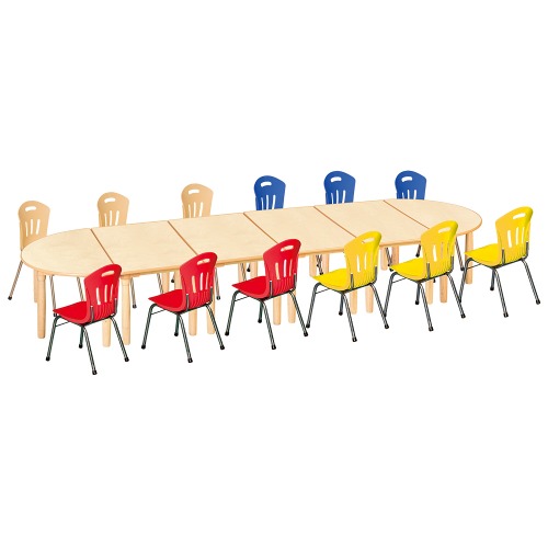 안전 자작합판 대형 반달 6조각 12인 책상의자세트(빨강+노랑+파랑+비취 수강의자)