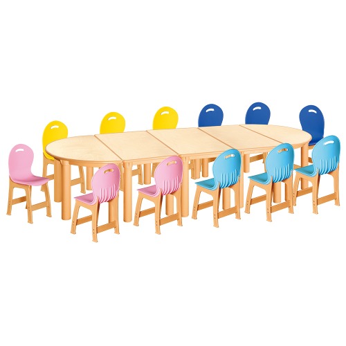 안전 자작합판 반달 5조각 12인 책상의자세트(분홍+하늘+파랑+노랑 파스텔의자)