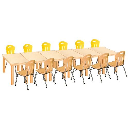 안전 자작합판 사각 6조각 12인 책상의자세트(노랑+비취 수강의자)