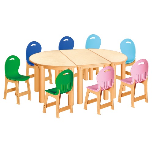 안전 자작합판 반달 3조각 8인 책상의자세트(초록+분홍+하늘+파랑 파스텔의자)