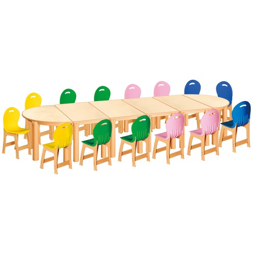 안전 자작합판 반달 6조각 14인 책상의자세트(노랑+초록+분홍+파랑 파스텔의자)