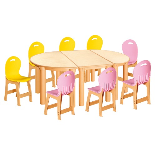 안전 자작합판 반달 3조각 8인 책상의자세트(노랑+분홍 파스텔의자)