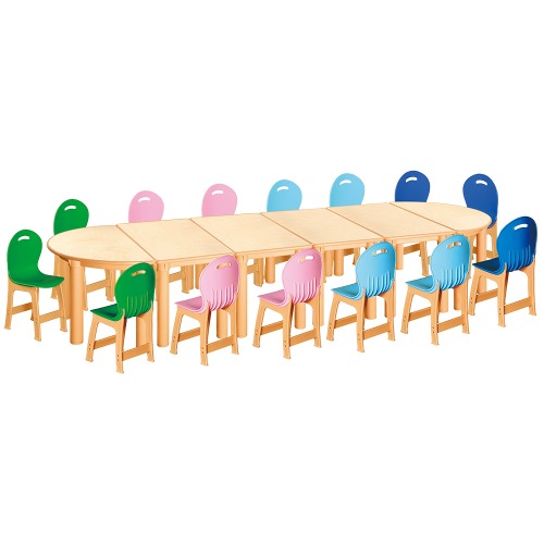 안전 자작합판 반달 6조각 14인 책상의자세트(초록+분홍+하늘+파랑 파스텔의자)