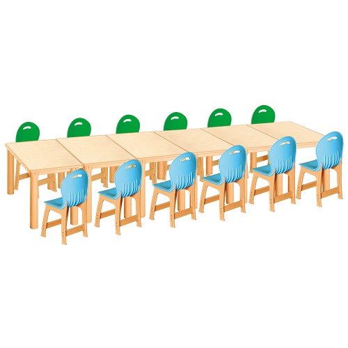 안전 자작합판 사각 6조각 12인 책상의자세트(초록+하늘 파스텔의자)