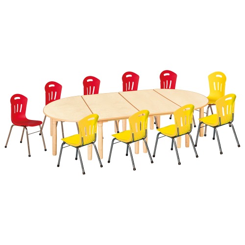 안전 자작합판 대형 반달 4조각 10인 책상의자세트(빨강+노랑 수강의자)