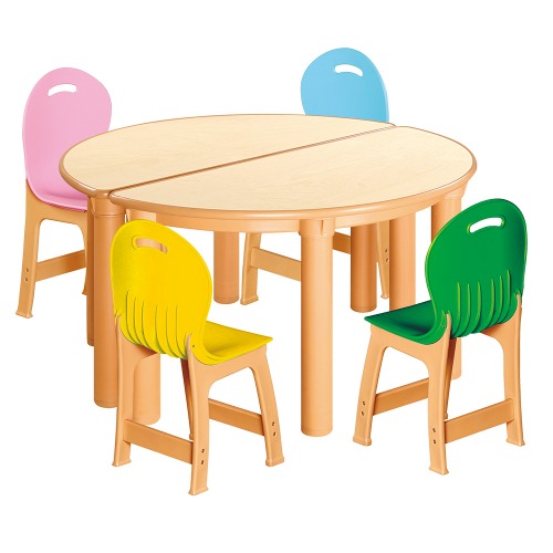 안전 자작합판 반달 2조각 4인 책상의자세트(노랑+초록+분홍+하늘 파스텔의자)