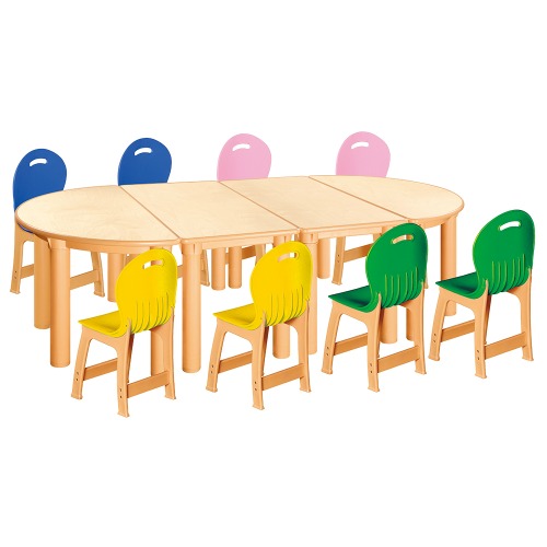 안전 자작합판 반달 4조각 8인 책상의자세트(노랑+초록+분홍+파랑 파스텔의자)