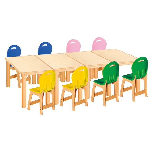 안전 자작합판 사각 4조각 8인 책상의자세트(노랑+초록+분홍+파랑 파스텔의자)