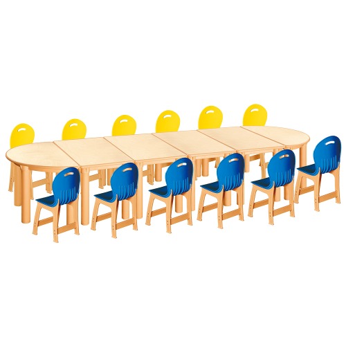 안전 자작합판 반달 6조각 12인 책상의자세트(노랑+파랑 파스텔의자)