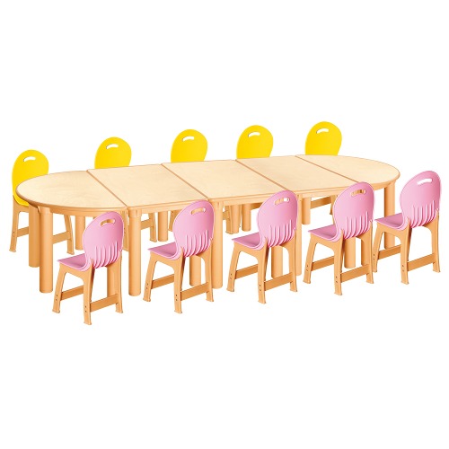 안전 자작합판 반달 5조각 10인 책상의자세트(노랑+분홍 파스텔의자)