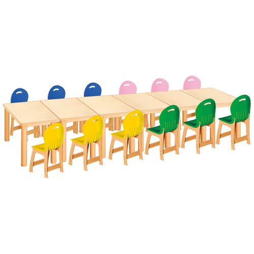 안전 자작합판 사각 6조각 12인 책상의자세트(노랑+초록+분홍+파랑 파스텔의자)