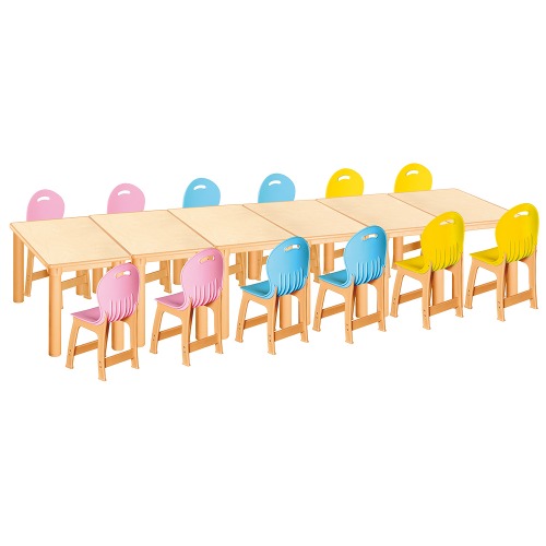 안전 자작합판 사각 6조각 12인 책상의자세트(분홍+하늘+노랑 파스텔의자)