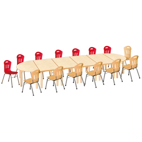 안전 자작합판 대형 반달 6조각 14인 책상의자세트(빨강+비취 수강의자)