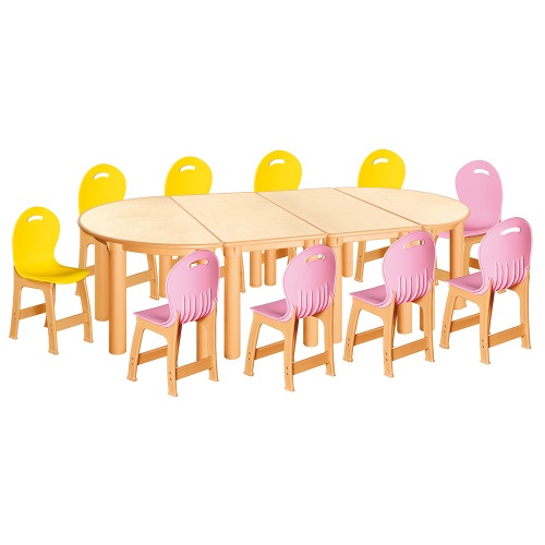 안전 자작합판 반달 4조각 10인 책상의자세트(노랑+분홍 파스텔의자)