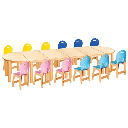 안전 자작합판 반달 6조각 12인 책상의자세트(분홍+하늘+파랑+노랑 파스텔의자)