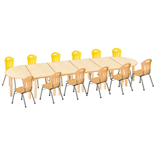 안전 자작합판 대형 반달 6조각 12인 책상의자세트(노랑+비취 수강의자)