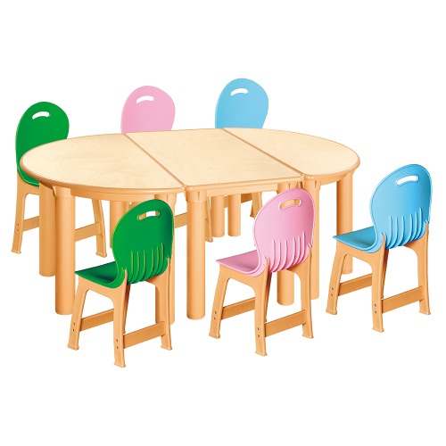 안전 자작합판 반달 3조각 6인 책상의자세트(초록+분홍+하늘 파스텔의자)