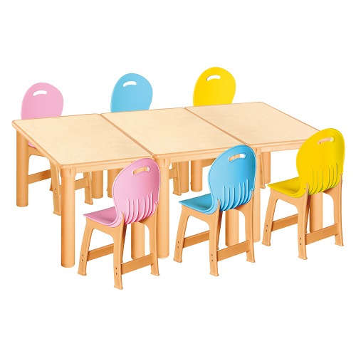 안전 자작합판 사각 3조각 6인 책상의자세트(분홍+하늘+노랑 파스텔의자)