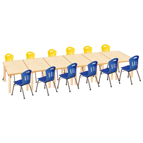 안전 자작합판 대형 사각 6조각 12인 책상의자세트(노랑+파랑 수강의자)