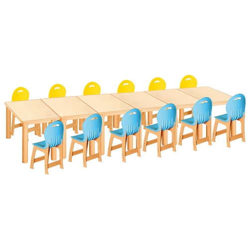 안전 자작합판 사각 6조각 12인 책상의자세트(노랑+하늘 파스텔의자)