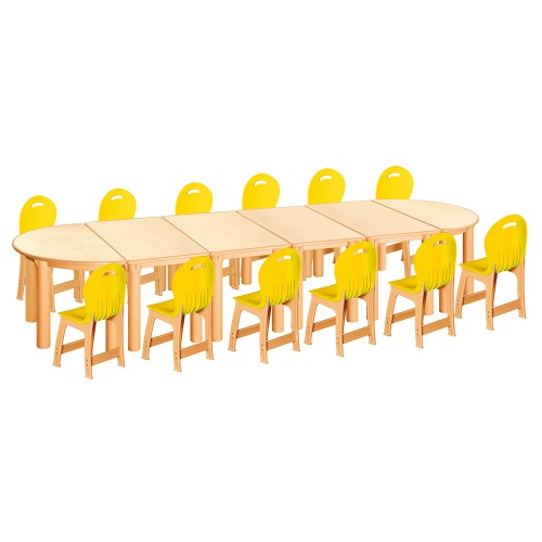 안전 자작합판 반달 6조각 12인 책상의자세트(노랑 파스텔의자)