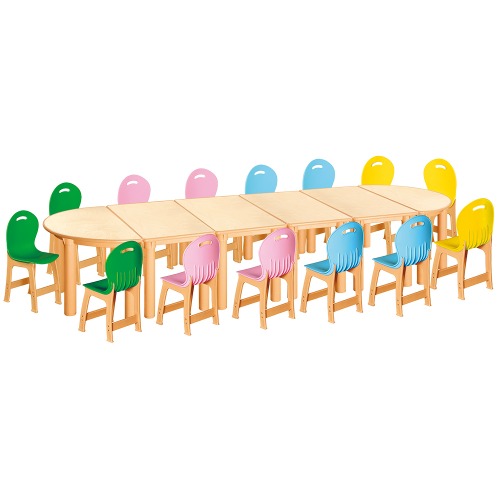 안전 자작합판 반달 6조각 14인 책상의자세트(초록+분홍+하늘+노랑 파스텔의자)