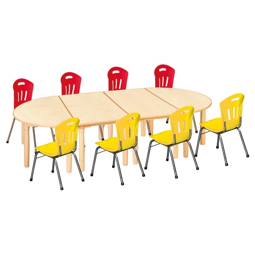 안전 자작합판 대형 반달 4조각 8인 책상의자세트(빨강+노랑 수강의자)