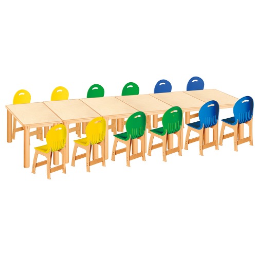 안전 자작합판 사각 6조각 12인 책상의자세트(노랑+초록+파랑 파스텔의자)
