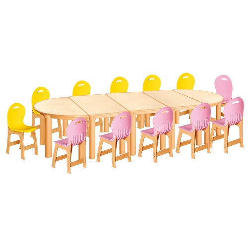 안전 자작합판 반달 5조각 12인 책상의자세트(노랑+분홍 파스텔의자)