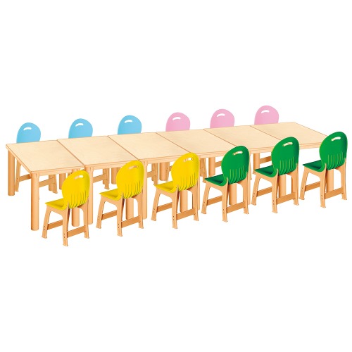 안전 자작합판 사각 6조각 12인 책상의자세트(노랑+초록+분홍+하늘 파스텔의자)