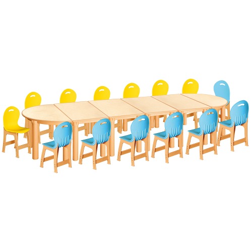 안전 자작합판 반달 6조각 14인 책상의자세트(노랑+하늘 파스텔의자)