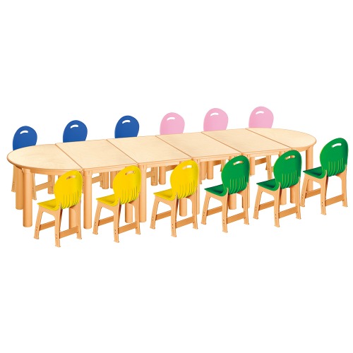 안전 자작합판 반달 6조각 12인 책상의자세트(노랑+초록+분홍+파랑 파스텔의자)