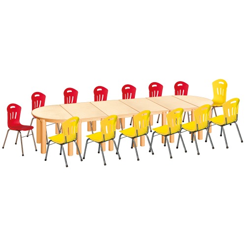 안전 자작합판 반달 6조각 14인 책상의자세트(빨강+노랑 수강의자)