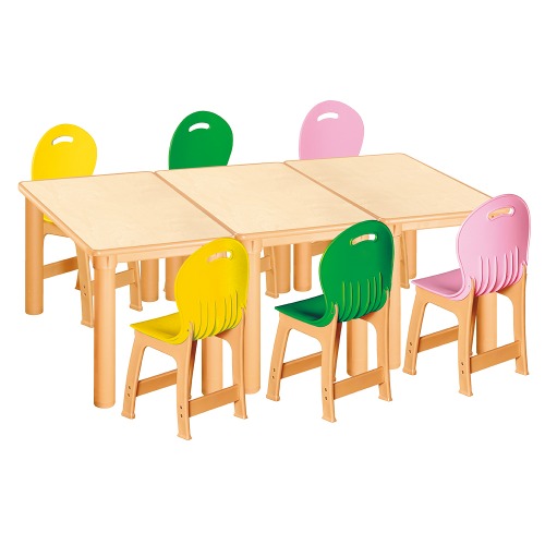 안전 자작합판 사각 3조각 6인 책상의자세트(노랑+초록+분홍 파스텔의자)