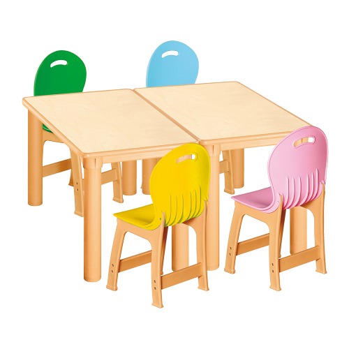 안전 자작합판 사각 2조각 4인 책상의자세트(노랑+초록+분홍+하늘 파스텔의자)