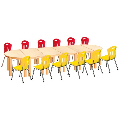안전 자작합판 반달 6조각 12인 책상의자세트(빨강+노랑 수강의자)
