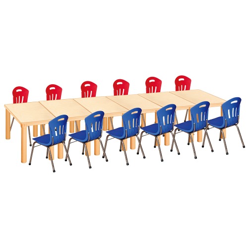 안전 자작합판 사각 6조각 12인 책상의자세트(빨강+파랑 수강의자)