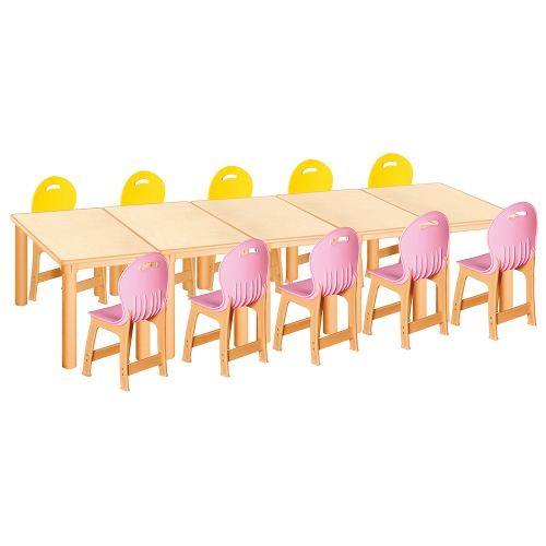안전 자작합판 사각 5조각 10인 책상의자세트(노랑+분홍 파스텔의자)