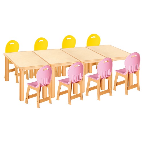 안전 자작합판 사각 4조각 8인 책상의자세트(노랑+분홍 파스텔의자)