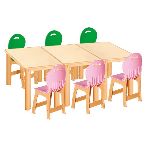 안전 자작합판 사각 3조각 6인 책상의자세트(초록+분홍 파스텔의자)