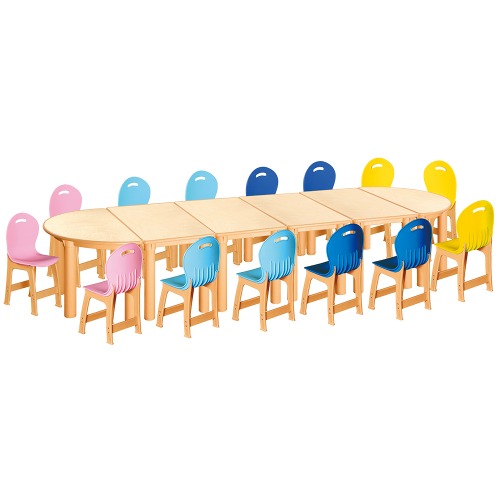 안전 자작합판 반달 6조각 14인 책상의자세트(분홍+하늘+파랑+노랑 파스텔의자)