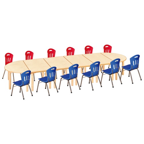 안전 자작합판 대형 반달 6조각 12인 책상의자세트(빨강+파랑 수강의자)