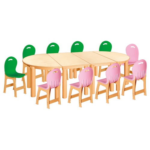 안전 자작합판 반달 4조각 10인 책상의자세트(초록+분홍 파스텔의자)