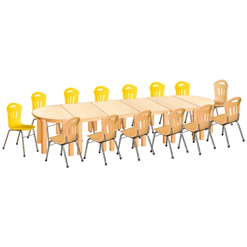 안전 자작합판 반달 6조각 14인 책상의자세트(노랑+비취 수강의자)