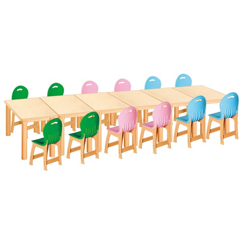 안전 자작합판 사각 6조각 12인 책상의자세트(초록+분홍+하늘 파스텔의자)