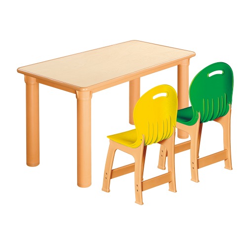 안전 자작합판 사각 1조각 2인 책상의자세트(노랑+초록 파스텔의자)