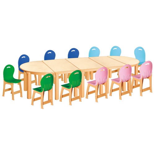 안전 자작합판 반달 5조각 12인 책상의자세트(초록+분홍+하늘+파랑 파스텔의자)