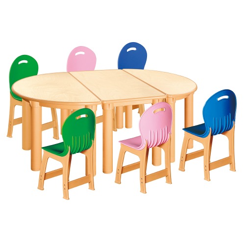 안전 자작합판 반달 3조각 6인 책상의자세트(초록+분홍+파랑 파스텔의자)