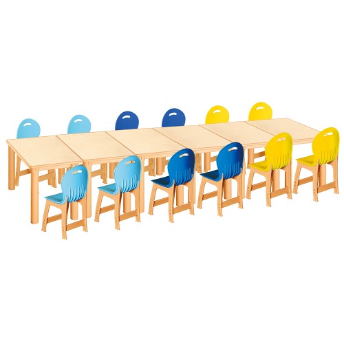 안전 자작합판 사각 6조각 12인 책상의자세트(하늘+파랑+노랑 파스텔의자)
