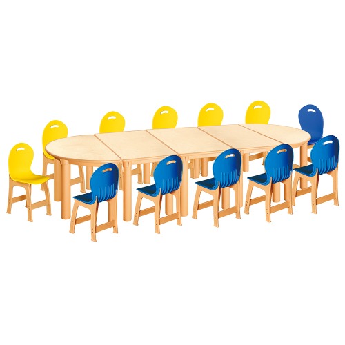 안전 자작합판 반달 5조각 12인 책상의자세트(노랑+파랑 파스텔의자)